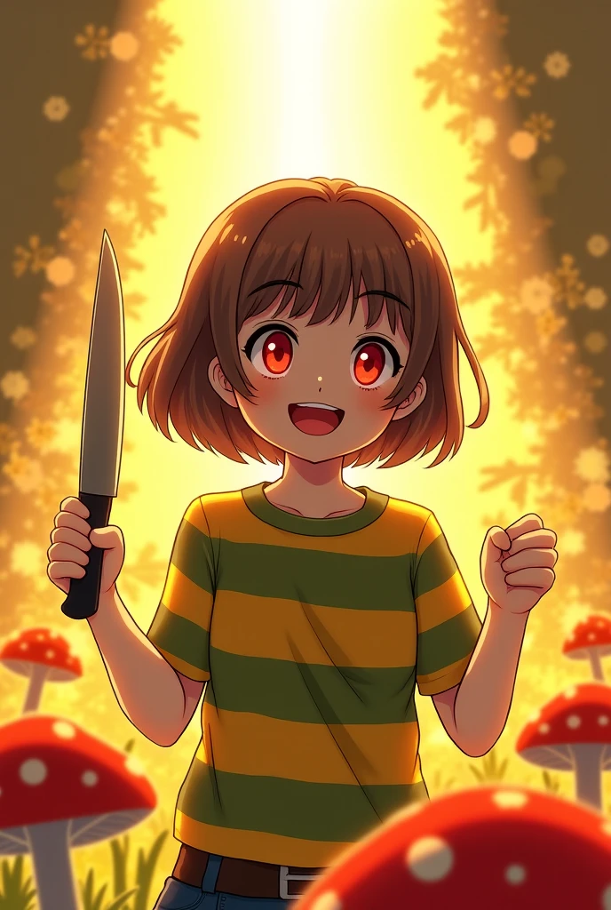 Red Eyes, girl, holding a knife, Yellow-green striped shirt,The stripes are thicker, Red Eyes闪着红光, head tilted, Short brown hair mushroom head, with a bright smile on its face, Algae , 2-dimensional, standing in a golden flower ,There is a beam of light overhead