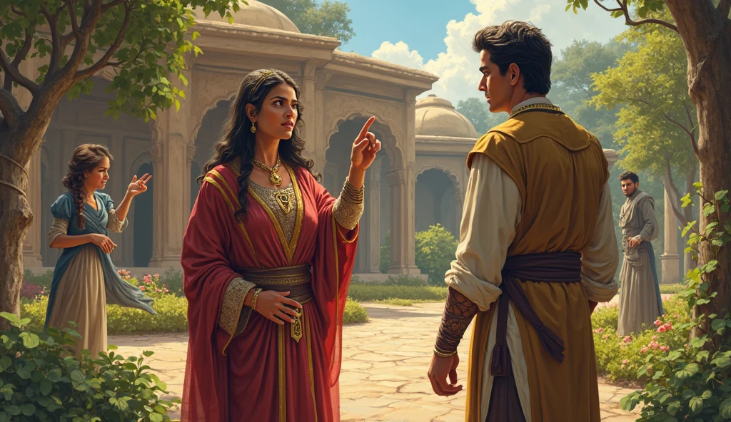 realistic drawing version of storybook: Aladdin and his mother watched from the house as the mysterious wizard approached