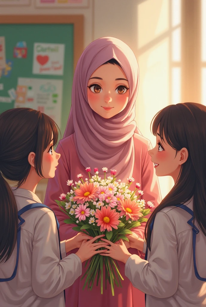a girl wearing a pashmina hijab and school uniform is holding a bouquet of flowers from a teenager wearing a cross necklace