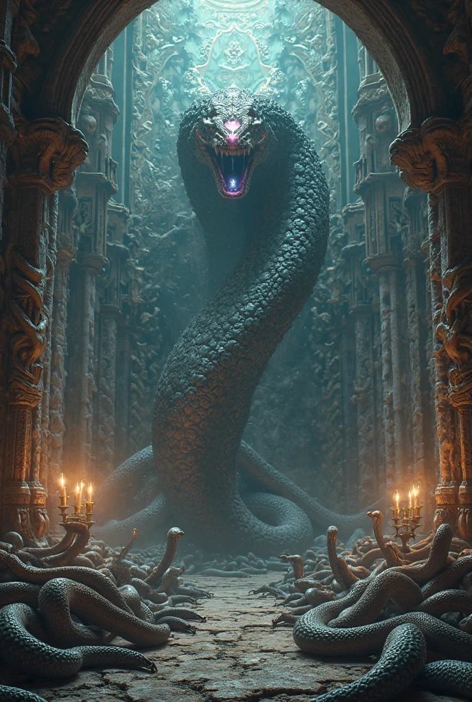 Black Cobra Basilisk, in a red-lit underworld tower, wrapped around a statue of Aphrodite