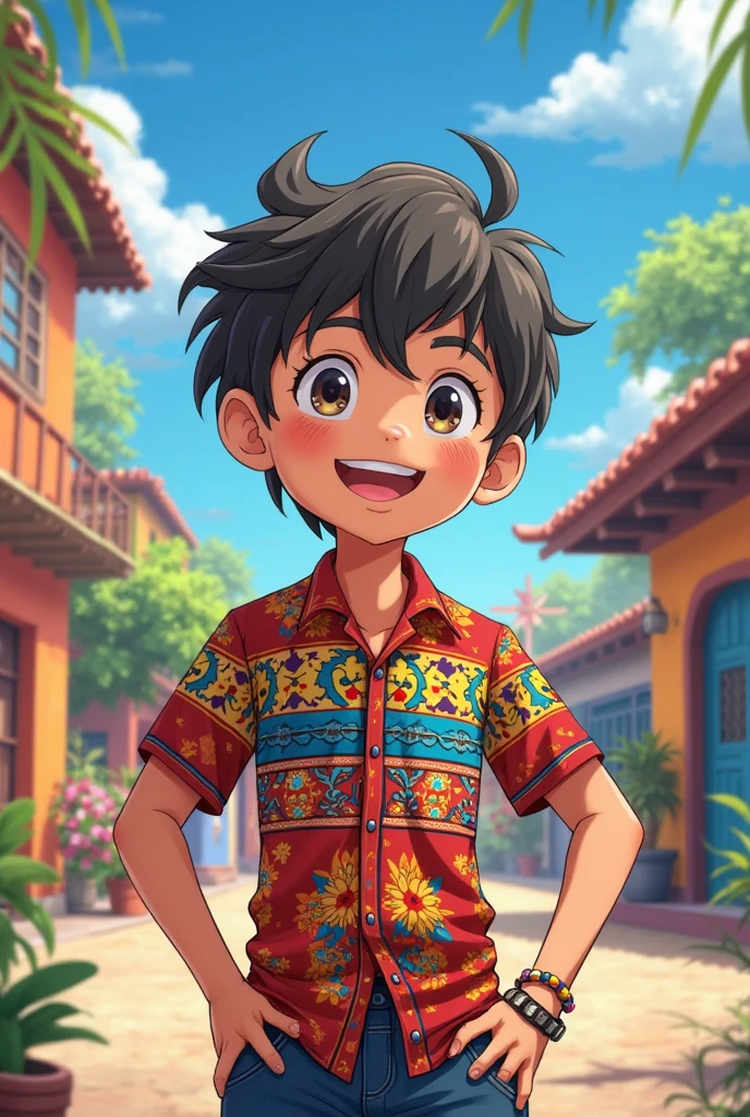 chibi monkey D. Luffy, child, black hair, with straw hat, male focus, solo, sky, green eyes, cloud, day, blue sky, male child, open red jacket, blue jean shorts, smiling. Outdoor, upper body, overcast sky, unreal engine, ultra high definition, 8k, --q 1 --v 4 --v 4 --q 2 --uplight