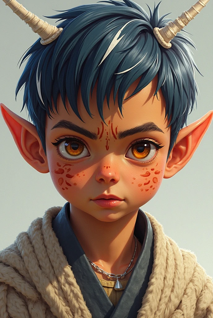 Make a Halfling male, like realistic rogue man face, with medium to long hair, small ears, with navy blue clothes 
