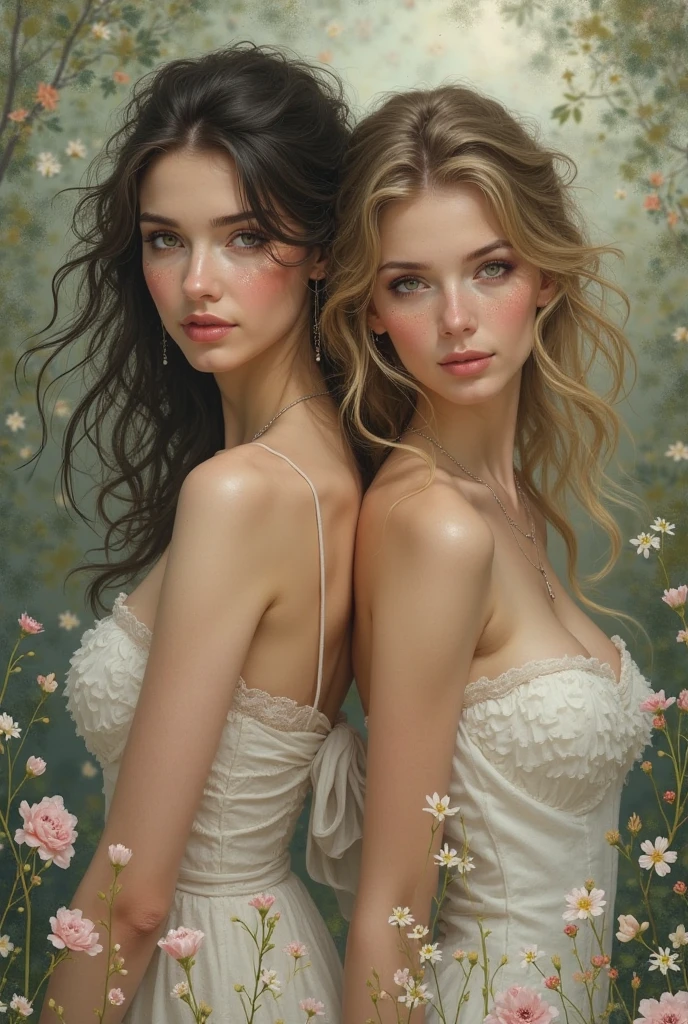 A men's fashion session, women's, masterpiece, of the highest quality, (perfect face: 1.1), (high detail: 1.1), (highly detailed eyes: 1.1). romantic, dramatic, (pale skin), long curly brown hair, green eyes, brown eyebrows, long black hair, straight and fringed, black hair, yellow eyes, white luxury suit, white dress, full lips, skin, luxurious detailed background, soft lighting, rose petals, two girls in love