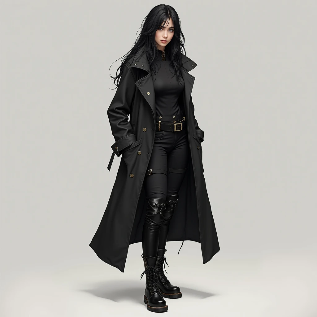 man, black hair, dark brown eyes, toned body, black long studded coat, black boots, black denim, black t-shirt, standing, arms crossed, front view