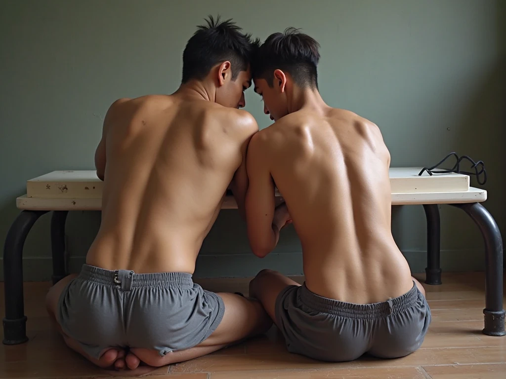 Two boys, standing side by side, smirking at the viewer with confident grins, showcase their toned, sexy bodies in a hyperrealistic, ultra-high definition 16k resolution image. Their rounded buttocks, nude , naked, are the center of attention, their large ass, gluteal folds creating an enticing display of masculinity. allure, enhancing the tantalizing view of their bare asses. Their faces, with intricate face details, are perfectly framed by the scene, their eyes locked onto the viewer, The ultra-high clarity and UHD image mode emphas , perfect model face , details face , handsome face , ((Correct body structure)), (((Correct dissection))) , boy showng their fat ass , bottom view from big fat ass , gluteal fold , side by side , ((lay around neck)), ((looking at viewer, from behind)), ((butt facing viewer)),large hip, (sexy pose, dynamic pose) , (((huge booty , big fat ass , huge ass , buttocks , big fat butt))), nsfw , eroticism , bottom view, squatting , details huge ass
