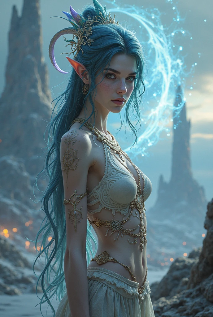 "(((Ethereal girl)) in an elaborate costume, Bare Midriff, in a fantasy landscape filled with floating planets, ((dreamy atmosphere)), magical, vivid colors, ((otherworldly)), detailed fantasy setting, (best quality),