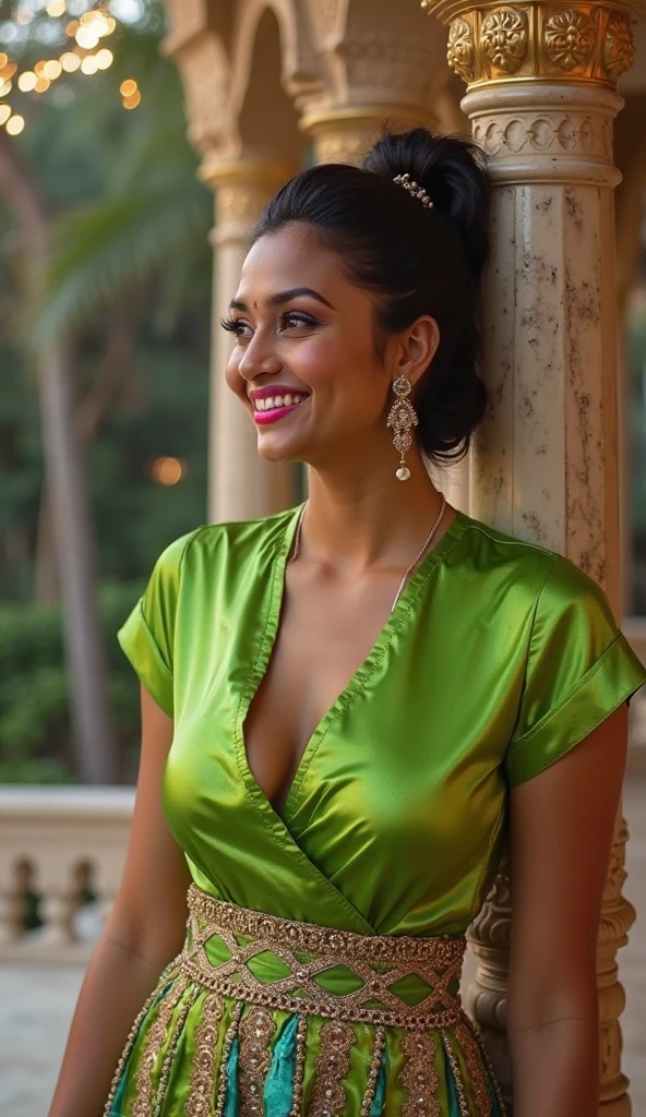 Hot Indian village girl, sitting at door, smiling face, wet saree, visible navel, realistic, 4k