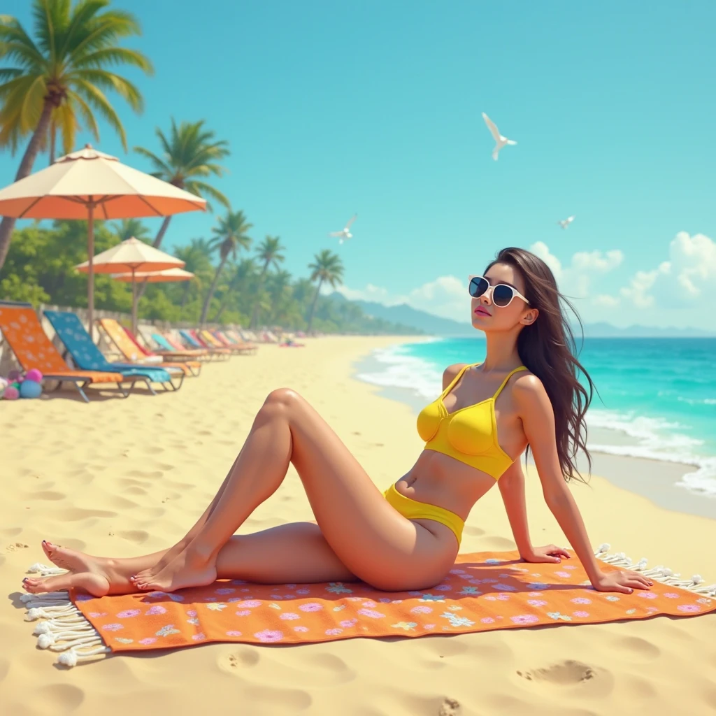A woman in a swimsuit enjoying herself lying in the sun on the beach