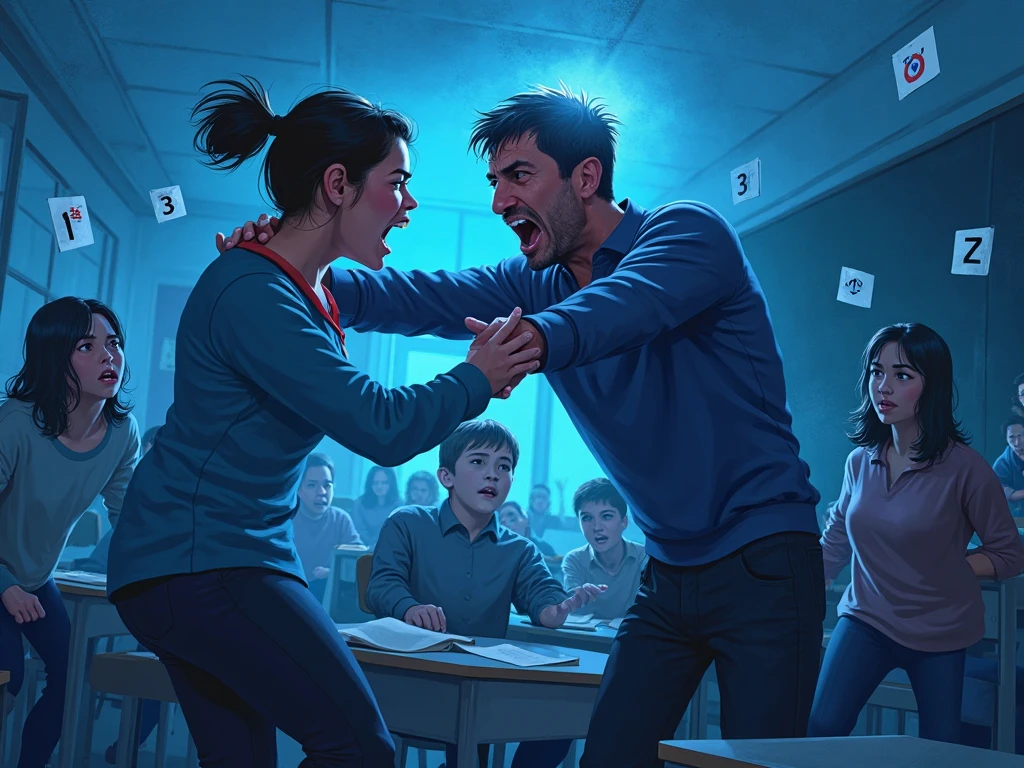 Hyper realistic image of a male student throwing a chair on a female teacher