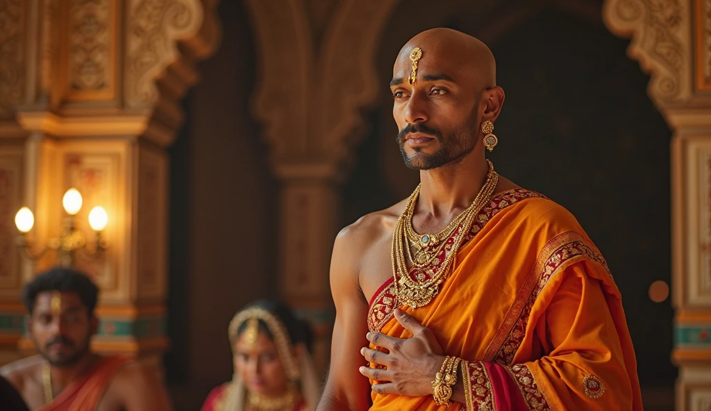 Indic person with learn muscle body and sword in hand with a saffron hindu attire in front of a temple with a buzz cut