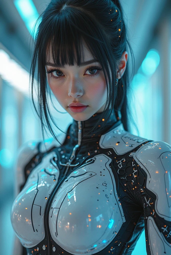 Japanese woman, 精致的面容, Knotted hair, with a white futuristic armor with neon details in a big futuristic city with big buildings illuminated by billboards.