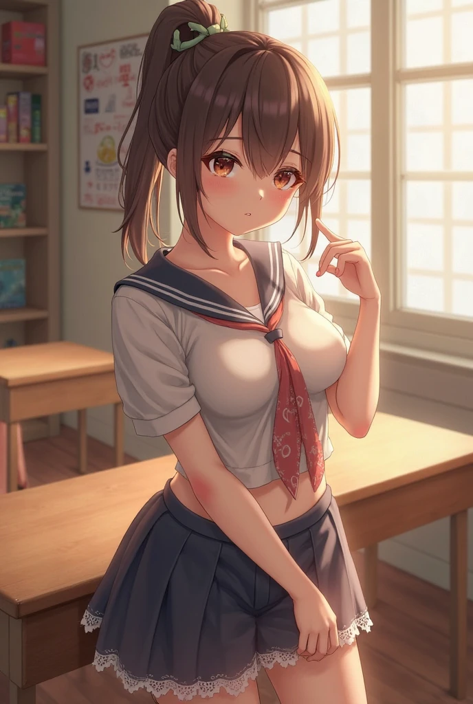 (((medium breasts))), ((best quality)), ((masterpiece)), (detailed), (((perfect face))), (((slender teengirl with both arms up, hands behind her head))), (((dark blue pleated skirt at belly button))), ((brunette, dark brown hair)), ((short ponytail)), (((blue eyes))), ((shy:1.3)), ((blushing:1.5)), ((skinny thighs)), ((skinny hips)), (((bare legs))), (((standing))), (((bending over))), (((topless))), (((bare arms))), (((bare shoulders))), (((bare stomach))), (((office with filing cabinet, window, desk))). (((view from side))