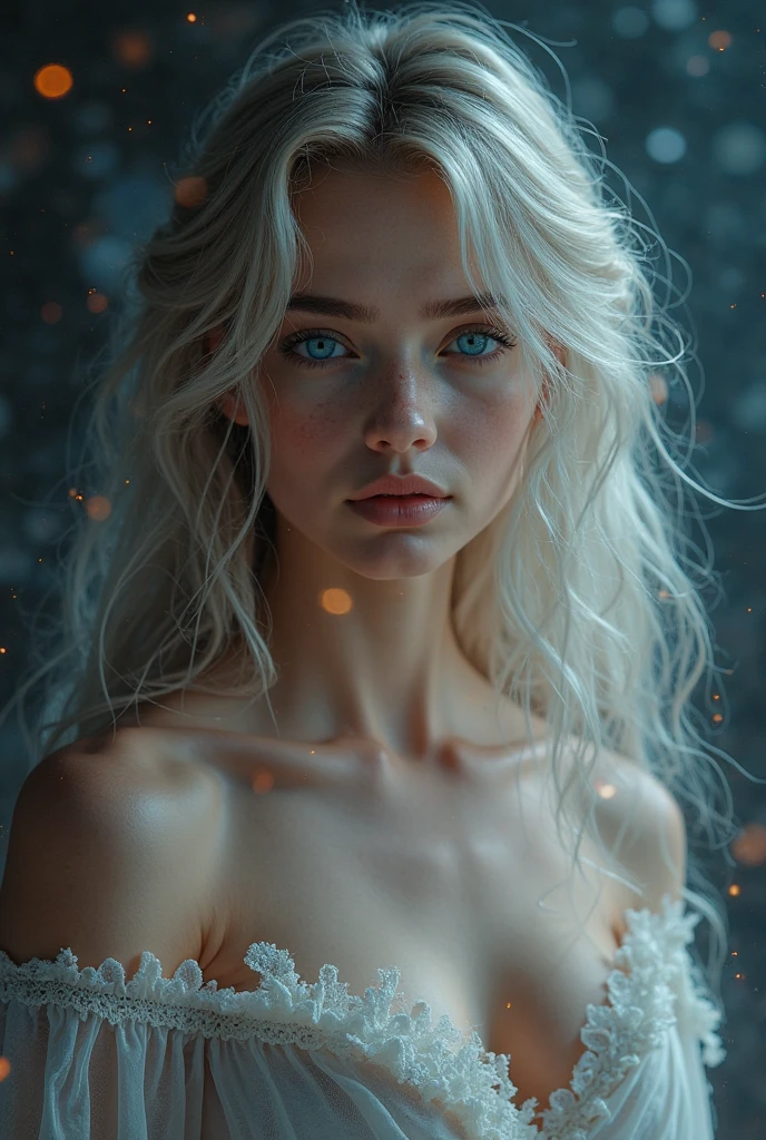 (whole body:1.3)(extremely intricate:1.3), (photorealistic:1.4), Ukrainian Supermodel, hyper-detailed wet sheer dress, (sensual pose), (lewd face), sexy lips, waifu, oppai, beautiful, cute, pretty, perfectly proportion body, perfect framing, sharp gray eyes, supermodel face, detailed face, pale white skin, [[freckles skin]], (((white wavy hair))), cover art, moody,  zoom out, depth of field, art station, (luminism), (((cinematic lighting))), orange and teal, soft light, [summer weather: sunset weather:2.5] 4k resolution, octane render,