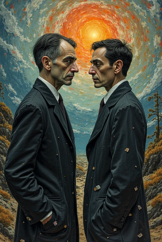 <lora:Mikhail Vrubel Style:1>Mikhail Vrubel Style - An image of two men in their early 40s, who are in love, looking at each other in the style of Mikhail Vrubel.