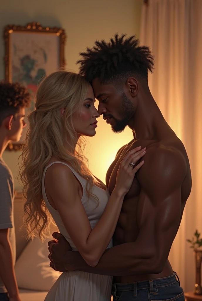 Magnificent detail, 8K Photos, hyper- realism, professional light, realistic background, visual depth, wide angle lens, all-body, group sex with 1 blonde Brazilian woman cheating on her husband with 3 black luxury hotel bed. Husband spies through the window. Group sex. household. Trisal. There is a sexual climate, provocativo, horny. Luxury motel room. Luxuria. household. gangbang. Group sex.