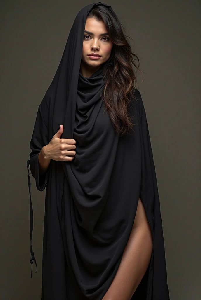 A girl wearing an abaya, her legs open, sexy, sitting on the floor, her high heels open, her chest and waist black, lipstick, and her belly open



