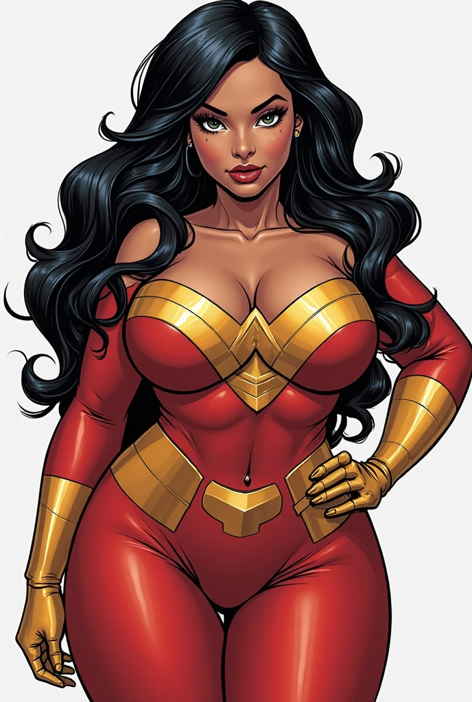 Thin woman, age 25, 4K (High definition), mysterious smile, seducing gaze, eyes browns, wearing a tiara and a royal dress (gray and gold) with a boat neckline and long sleeves, choker on the neck, brown belt, Caucasian skin, long curly black hair, sitting in a chair, full of curves with freckles across her chest and neck. Marvel style high quality, white background.