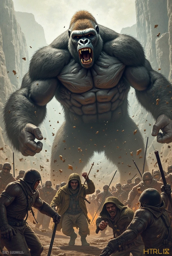 A dwarf shouting at a gorilla in a desert