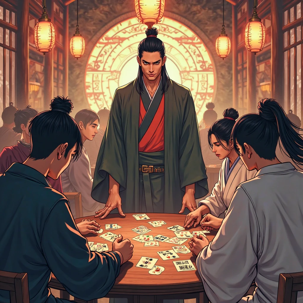 (Digital Painting)、(top-quality)、Four people play cards、spider-man、Lupin III、The Joker、ChunLi、baccarat、poker、PlayingCards、Ukiyo-e Art Style、Hokusai's inspiration、Popular deviant art、8K Ultra Real、Pastel Color Schemes、Soft lighting、the golden hour、Looks fun、a smile、