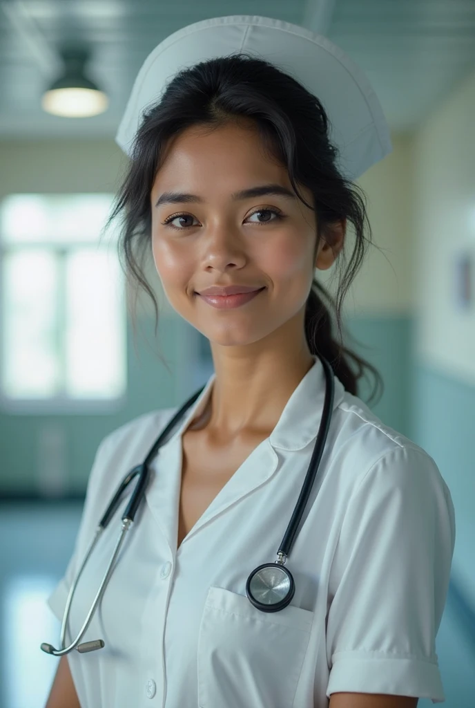 The image is a portrait style photograph showing an 18-year-old woman with long, straight black hair and a light to medium skin tone. She has a small piercing in her left nostril and is wearing light pink lipstick. She is dressed as a doctor. The background includes a white background. Of Guatemalan nationality.