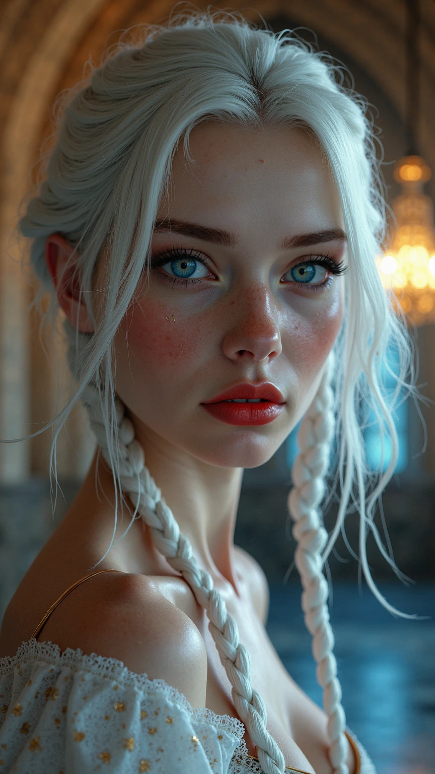 Deviantart ~ artgerm ~ kawacy ~ johnsinger sargent ~ digital art of Beautiful woman with braided, white hair, light blue eyes, and freckles. wearing , glasses, nude, big tits, full body image, straight face booty shorts and thigh highs. very detailed, high quality masterpiece. studio scene UHD, HDR, 32K