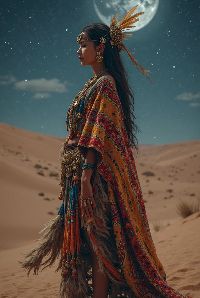 Ultra detailed artistic photography, Native American Beautiful Apache Woman, Tee Pee, Clair de lune, Foyer, Plume, sexy, dream-like, rougeoyant, backlit, ombre, huile sur toile, lisse, ultra high def, 8k, Mise au point ultra nette, intricate artwork masterpiece, Tenue fluide, highly detailed, Dynamique, production cinematic character render, ultra high quality model