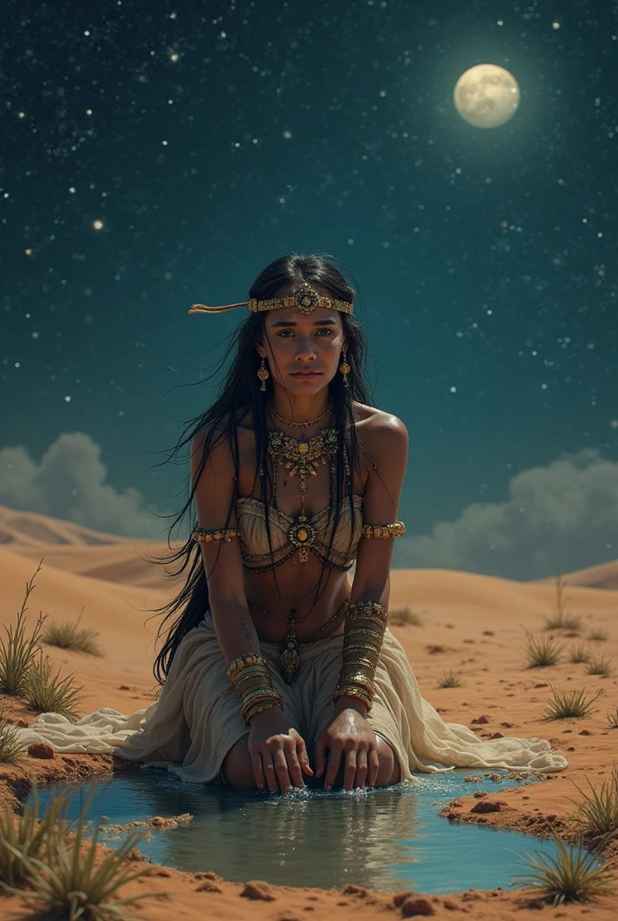zendaya portrayed as Cleopatra, sitting on the desert sand at night looking at the stars in the black sky, night light phophotorealistic portrait, dramatic, cinematic, 4k resoltion, hyperdetailed, dramatic scene, full body angle