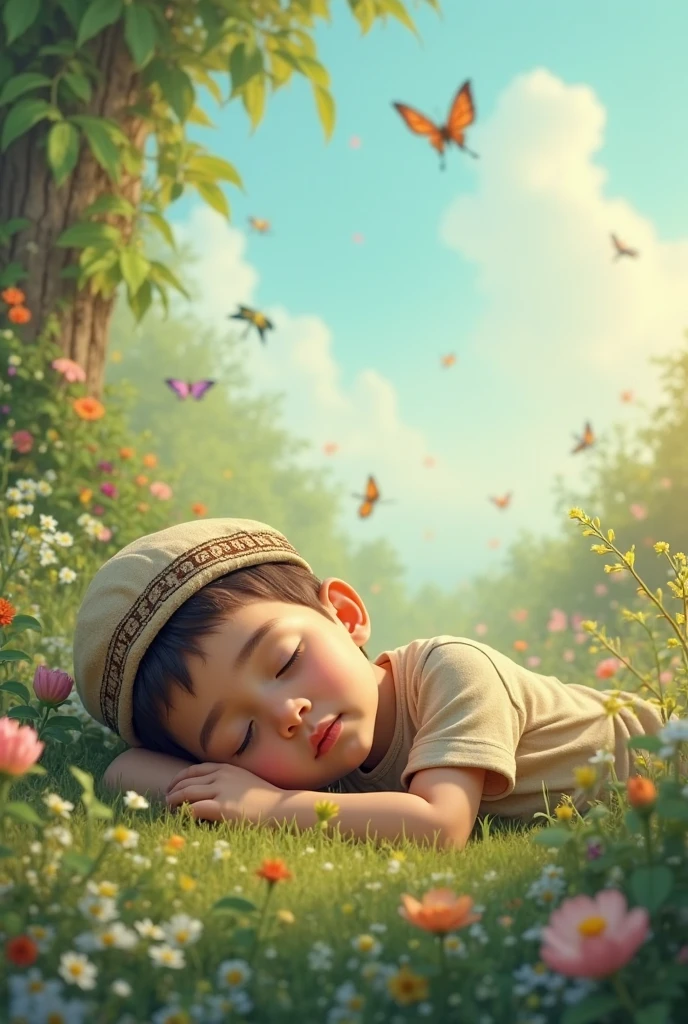 A boy while sleep on nature place like flowers &forests