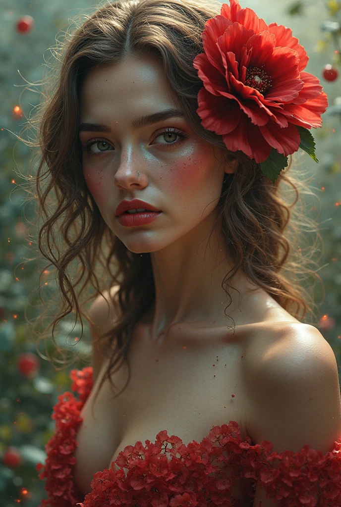 Woman's face - A beautiful woman's face is in the center of the image.Gorgeous Flowers - A variety of colorful flowers are arranged around the woman.Green Dress - The woman wears a green silk-like dress.Makeup - The woman's makeup is thick and her red lips are striking.Water droplets - The woman's skin is covered with water droplets, giving the impression of dampness.Overall ambiance - The woman's figure surrounded by flowers gives the impression of opulence and splendor.Color - The overall color palette is vibrant, and the hues of the flowers and the green of the dress blend well together
