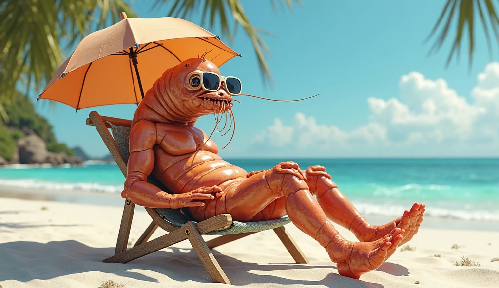 a stylish shrimp, Wearing a colorful bikini, maybe with tropical prints. He has a wide smile and sunglasses on the tip of his "head", while relaxing on a sun lounger by the sea. Ao fundo, there are swaying palm trees and a radiant blue sky. The image conveys a summery and relaxed vibe.!
