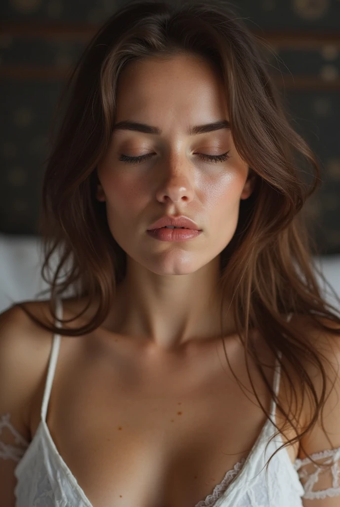 Young extremely hot woman, short wavy hair, closed eyes, peaceful expression, natural light, soft white skin, delicate features, casual setting, intimate face portrait, straight face close up, subtle makeup, black lingerie,