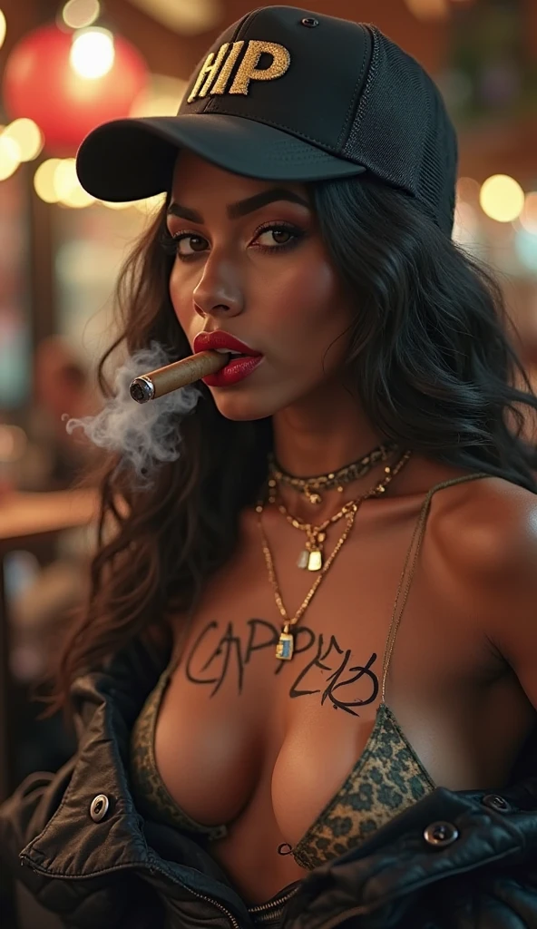 women, latina, 21 years, White skin, Brown hair, disheveled hair, curly hair, Long hair, green eyes, Playing cards, in Mexican cantina, completely naked, Don Julio Tequila, Corona beer on the table, coke on the table, huge buttocks, wearing thong, Marlboro cigarettes advertisement, corona beer advertisement, big breasts, light nipples, Mexican bar, bare breasts, ashtray on the table, She wears a Mexican hat 