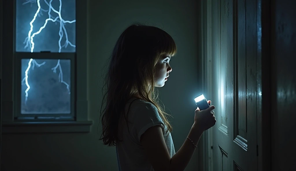 A horrified girl holding a flashlight shines in the dark