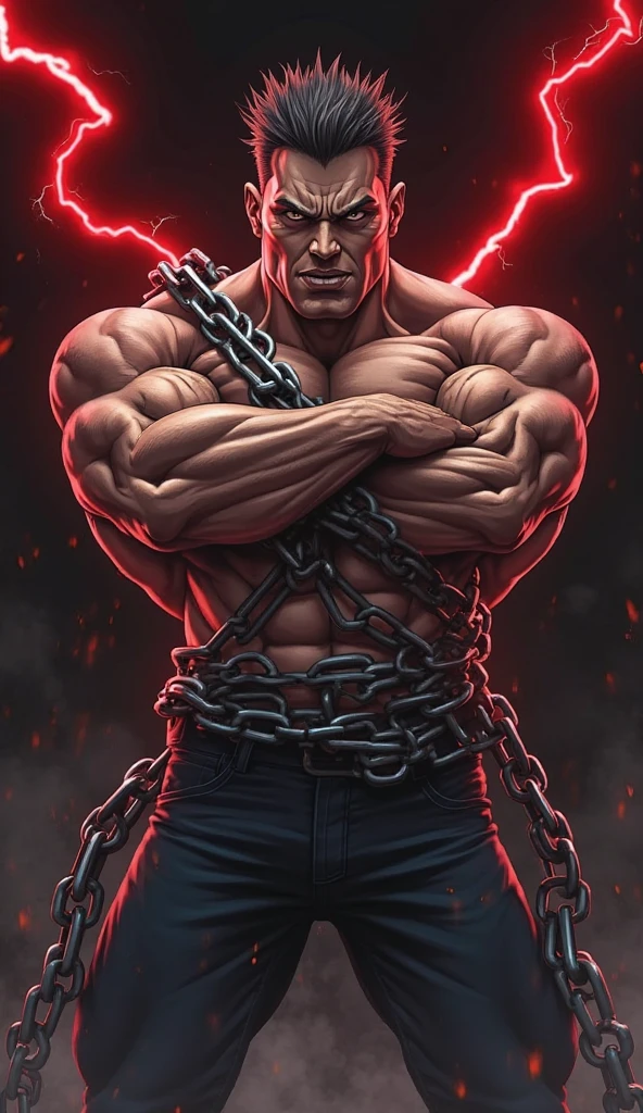 /imagine prompt: Frank the Butcher, a demon hunter, wielding a hook with a chain as his weapon. He is tall, heavily built, with a belly, wearing dirty clothes. Frank is bald, with white skin, bloodshot eyes, and sharp piranha-like teeth. Capture him in a battle stance as a fearsome demon hunter, ready to confront supernatural foes. The scene portrays Frank's rugged and intimidating appearance, emphasizing his strength and ferocity in combating demons, Illustration, depicting Frank the Butcher in a dynamic and intense demon hunter battle pose, showcasing his unique features and formidable presence in the supernatural world, --ar 16:9 --v 5 vestimenta rasgada de la epoca de 1950