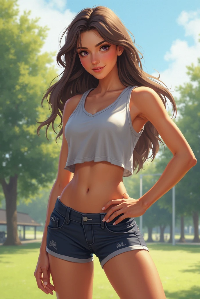 masterpiece, best quality, cartoon rendering, upper body, close-up, solo, woman, smile, long black hair, green eyes, small breasts, crop top, jeans, facing the viewer, standing, outdoors, field