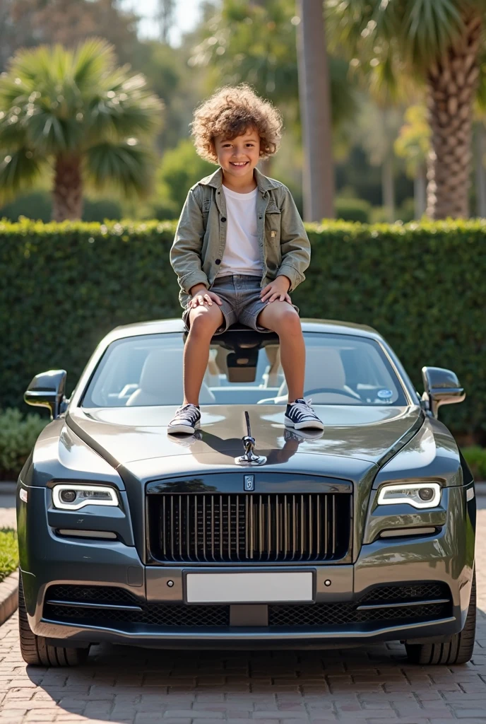 Generate a pic of rolls-royce la rose noire droptail with a boy sit on car and written name of his shirt is 'Aamir' for Mobile Wallpers and show full picture