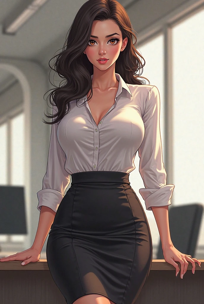 Elastagirl from the incredibles in white button down that’s almost entirely unbuttoned showing lots of cleavage and tits, and black business tie that is loosened, and black mini skirt