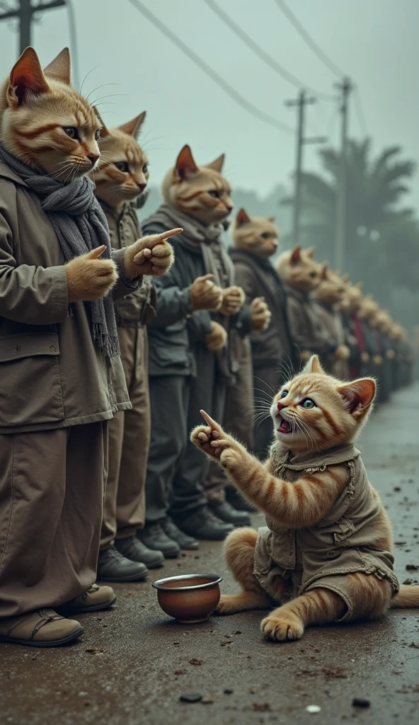a person with orange cat mask stopped migration in military border by using spray "ANTI KANGLU" written in the spary bottle. The immigrants are wearing black wearing green lungi which has a red dot in the middle