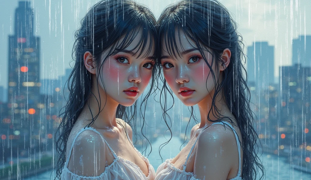 2 Japan woman、(Highest quality, 4K, masterpiece :1.3), Beautiful woman, One girl, (chest, Attractive body :1.2), Abdominal muscles :1.1, Light brown hair: 1.1, (It rained and I got wet, Raindrops, Wet body :1.2), Highly detailed face, Detailed lips, Detailed eyes, double eyelid
