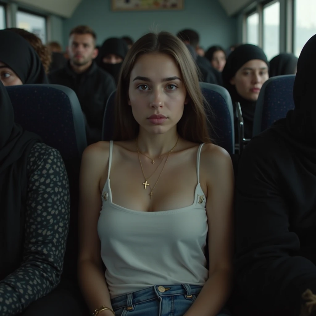 Black headscarf on a very crowded bus, white long sleeve t shirt,Sexy skinny woman in baggy grey sweatpants sitting on a man's lap.