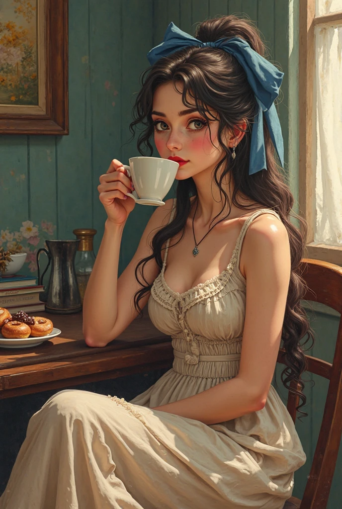 Young woman,​Twenty-five years old, Beautiful face, long black hair, Wearing Central European clothing, Big chest, Thin waist, Big butt, Sit in a chair and drink tea in the garden, Manga drawing v3.0
