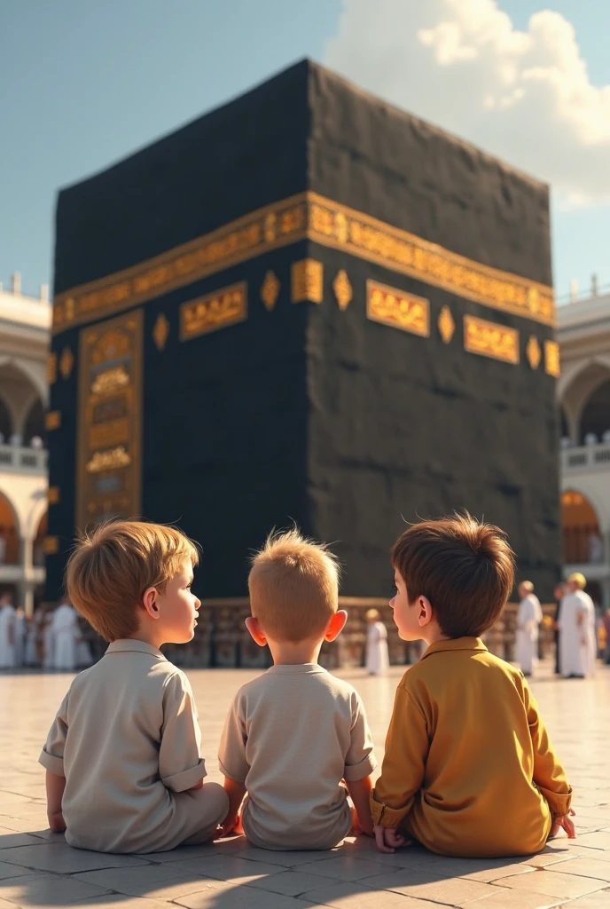 A 3d realistic 2 boy is sitting from the back
in front of the Kaaba and he is praying. He is wearing
white clothes with a cap, and the name "sShahid " is
written on the back.art painting realistic photo