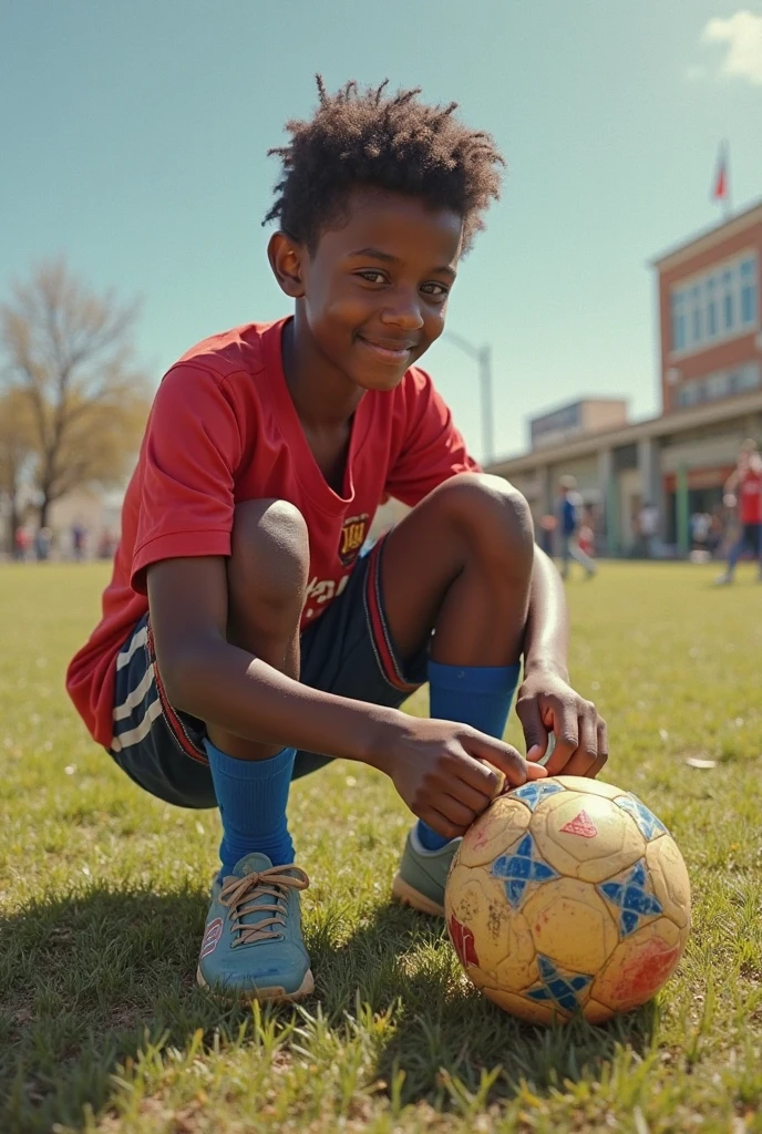 Make a picture of a teenage Arsenal fan holding a Champions League ball inside Arsenal stadium, put melanin in it, and do the taper cut phase, and that he has short curly hair with bangs, Make him more beautiful