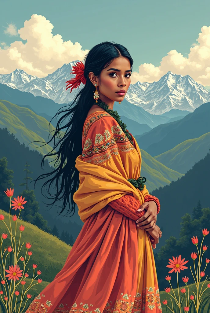 Indian lady forest and mountain painting