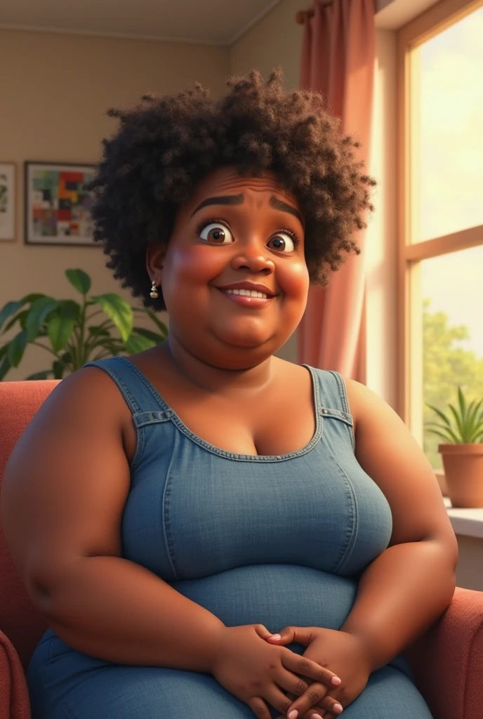 woman standing full body 60 years old, low-income features black skin medium tone smiling very large bust holding cell phone in hand and taking selfie, very curly hair medium length, wearing a printed dress full of colors and flowers, with a ring on the finger of the left hand and a watch on the wrist of the left arm pixar style art 3d realistic
