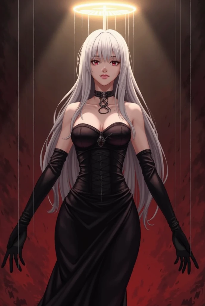Character (hair bangs) (white long hair) (white pale skin) (battle nun-style clothing) (red clothing) (character in dynamic pose) (butt taken)