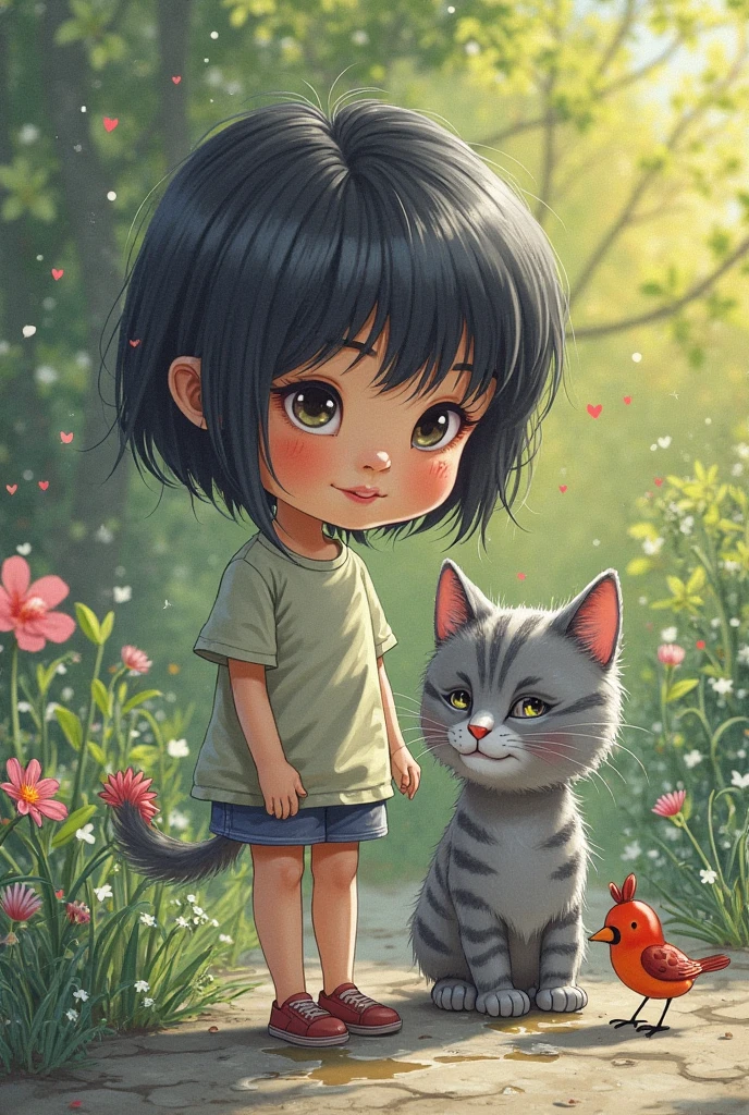 little boy standing next to cute fat cat,black hair,long hair, summer day, symmetry face, niji style, ghibli style