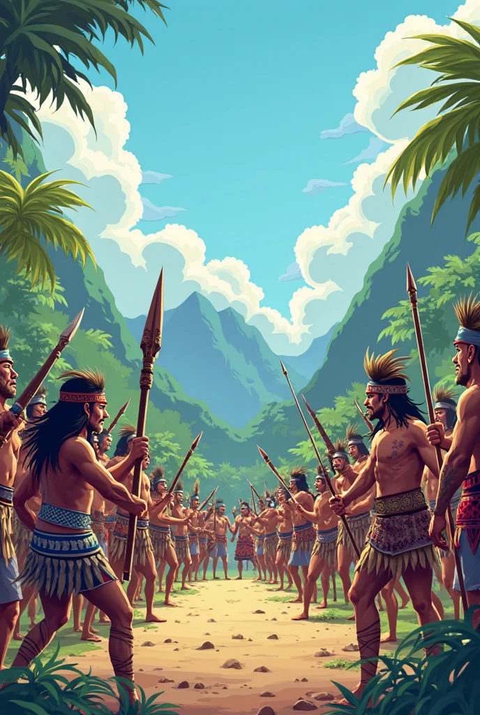 Europeans defeating indigenous people 1500 in cartoon style in Brazil 