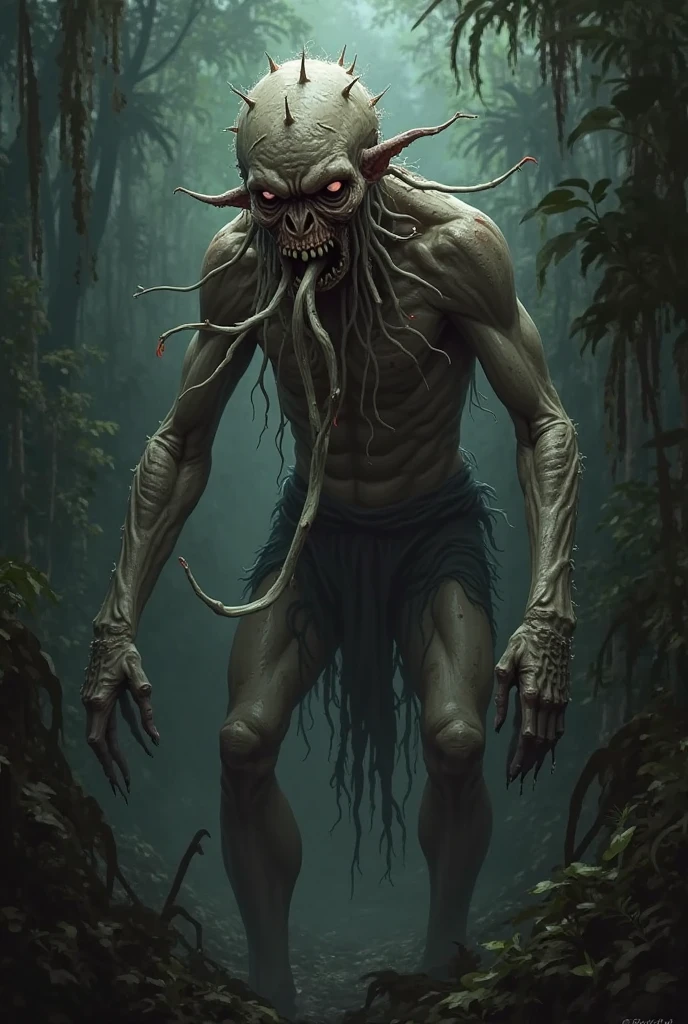 The full body appearance of a woman wrapped in dirty white cloth, torn, full of dirt, her face cold, with an empty gaze, sharp eyes, a mystical smile, standing next to a banana tree in the forest, chilling, a horror atmosphere, realistic, lifelike, ultra HD 4k.