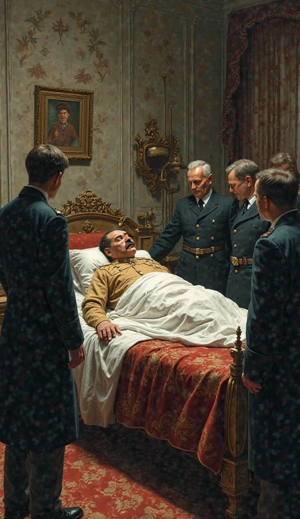 A king is lying sick in bed and many generals are standing by his side